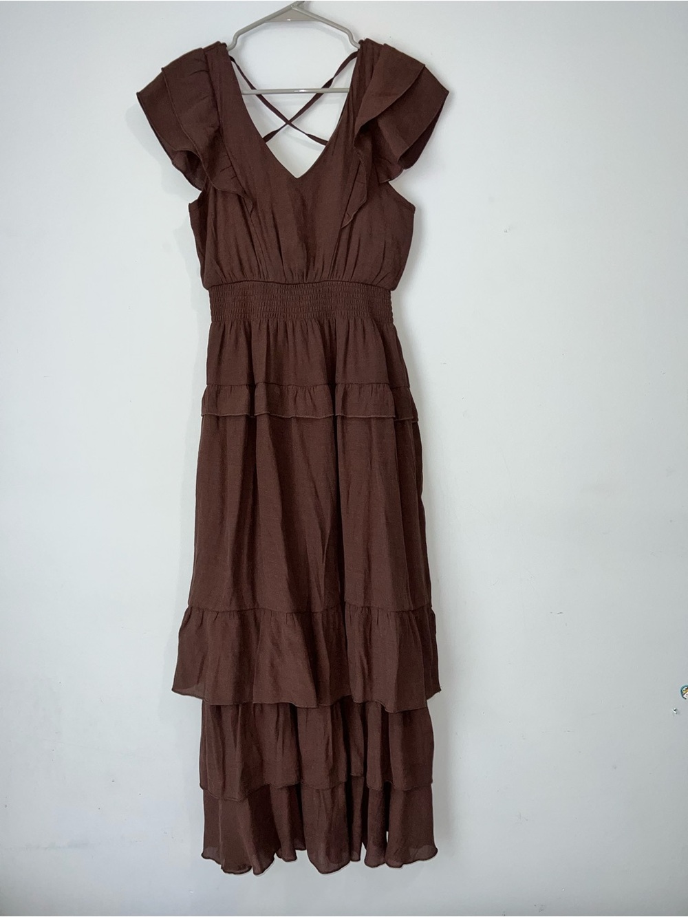 Kings Road Womens Brown Tiered Ruffle Maxi Dress Boho Cottagecore V-Neck Medium